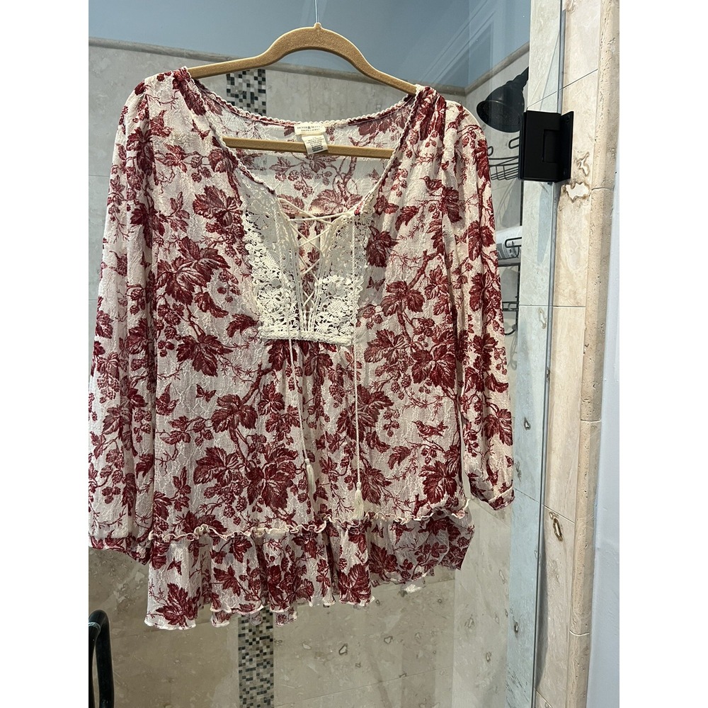 Denim & Supply Ralph Lauren Ivory Red Floral Lace-Up Poet Blouse Large